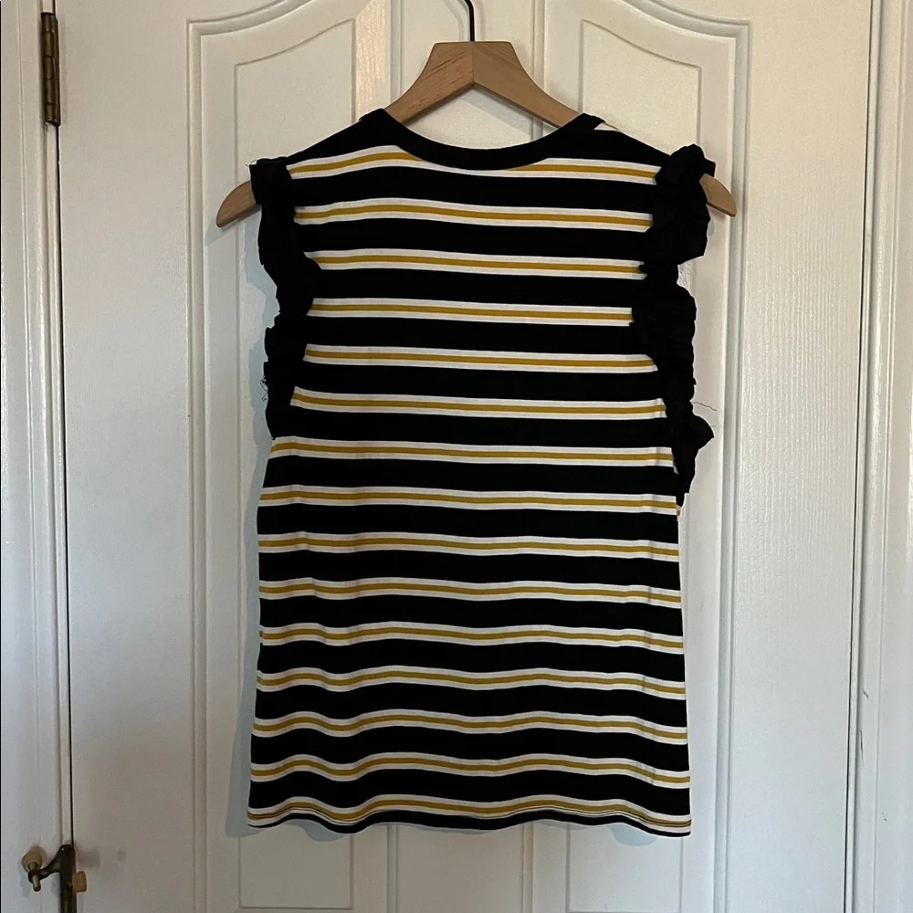 THML | Black/White/Yellow Striped Round‎ Neck Ruffle Sleeveless Top Small
